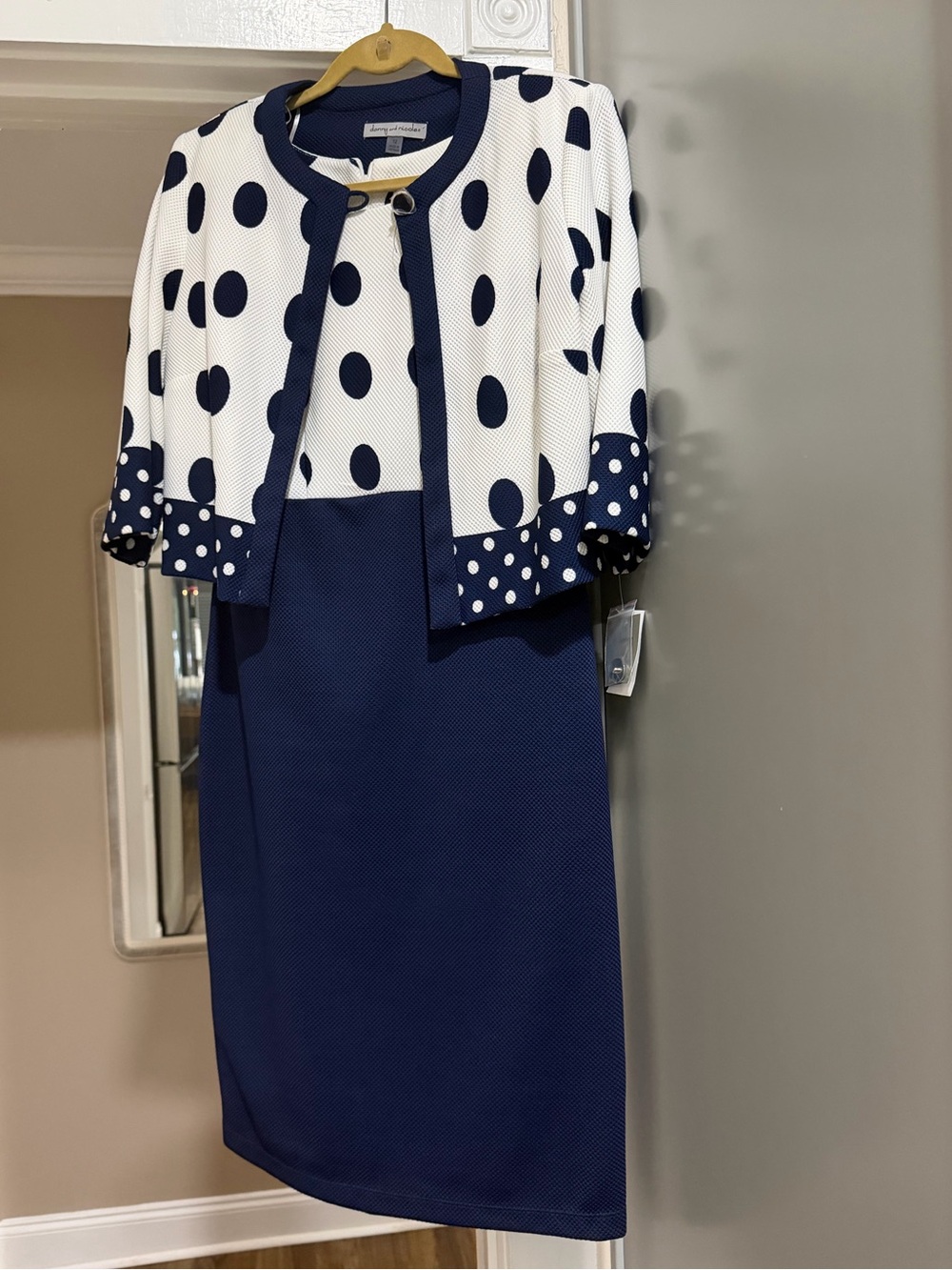 Danny & Nicole Navy and White Polka Dot Midi Sheath Dress